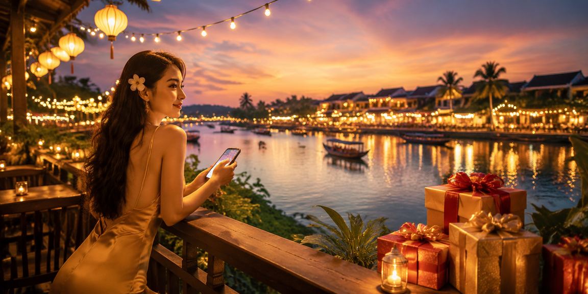 Người dùng theo dõi xổ số trực tuyến trên điện thoại tại quán cà phê Hội An